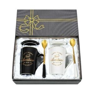 NWT-HOUSE WARMING GIFT-Elegant Black and White Mug Set with Gold Spoons